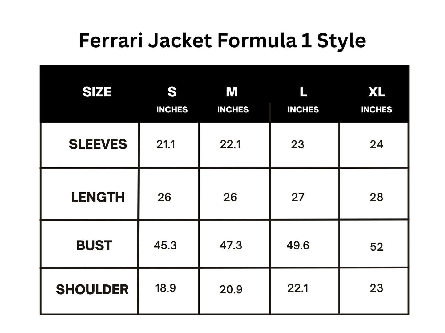 Ferrari jacket size guide by Koti Apparels with height, weight, and chest measurements.