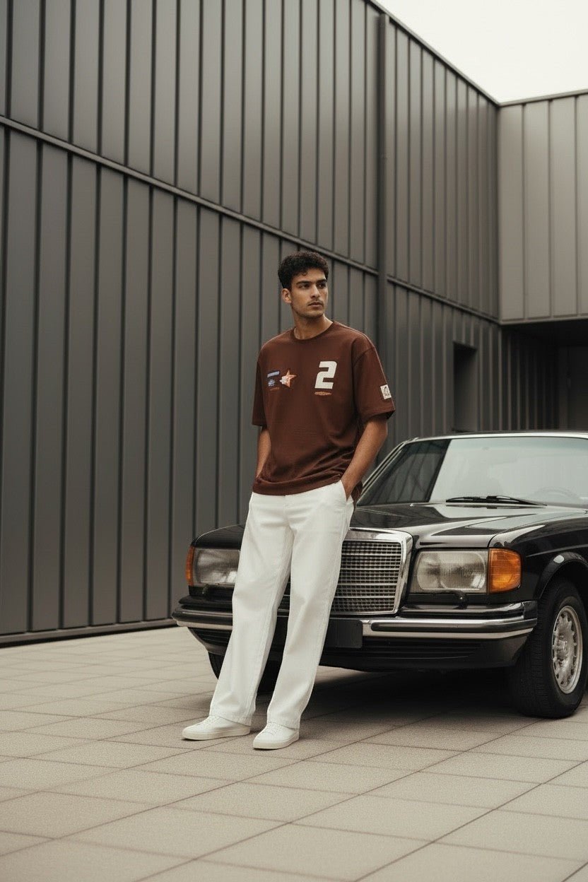 Koti Apparels brown cotton t-shirt with graphic patches and bold number 2, relaxed fit, paired with white trousers.