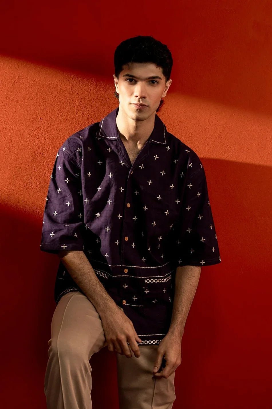 Koti Apparels unisex purple cotton jacquard shirt with white cross embroidery and half sleeves.