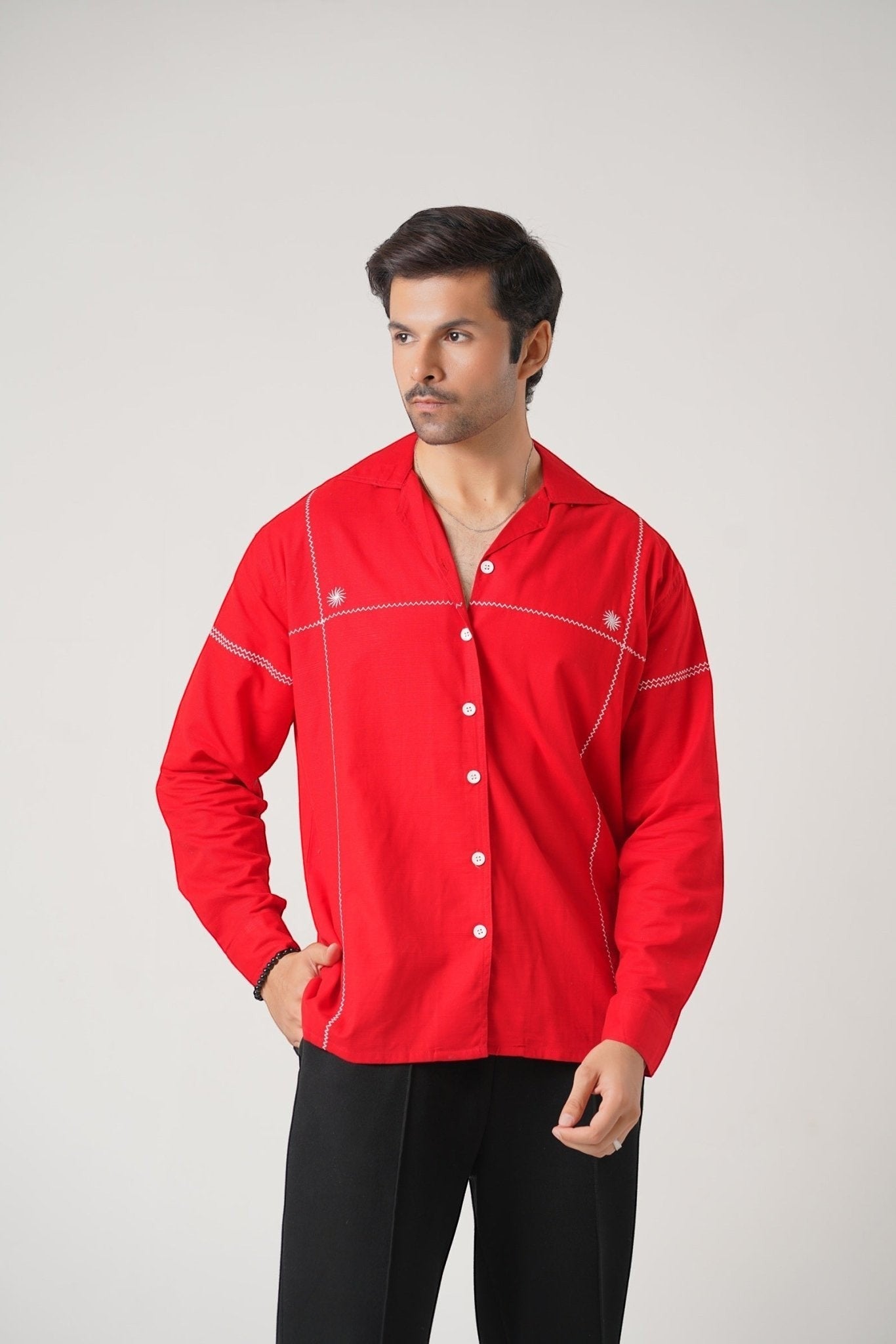 Koti Apparels red 100% pure dyed tube khaddar unisex shirt with white embroidery, open collar, button-down front, and structured cuffs.