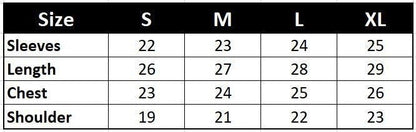 Koti Apparels F1 Ferrari bomber jacket size chart with sleeves, length, chest, and shoulder measurements for S, M, L, XL.
