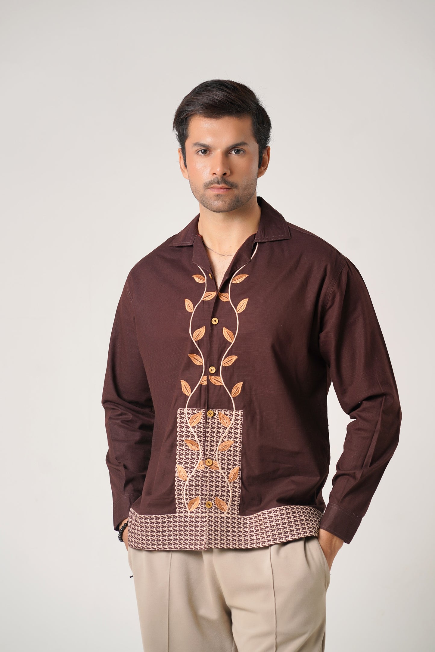 Embroidered Brown Full Sleeves Unisex Shirt – Koti Apparels
