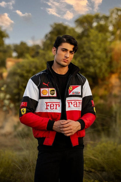 Koti Apparels red, black, and white F1 Ferrari bomber jacket with embroidered logos and 'Ferrari' text. Unisex streetwear style.