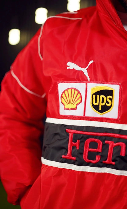 Koti Apparels red polyester Formula 1 Ferrari racing jacket with embroidered logos and white trim.