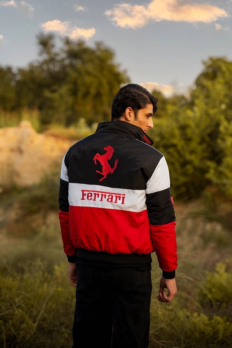 Koti Apparels Formula 1 Ferrari racing jacket in red, white, and black polyester with embroidered logos.