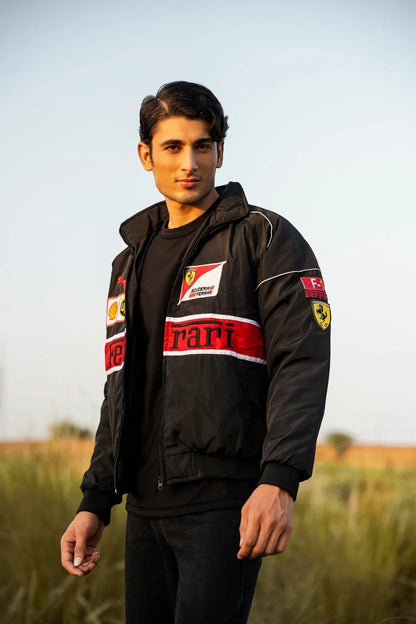 Koti Apparels black polyester Formula 1 Ferrari racing jacket with red and white accents and embroidered logos.