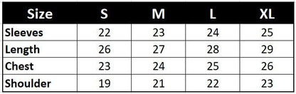 Koti Apparels Air Force Bomber Jacket size chart with columns for Size, S, M, L, XL and rows for Sleeves, Length, Chest, Shoulder.