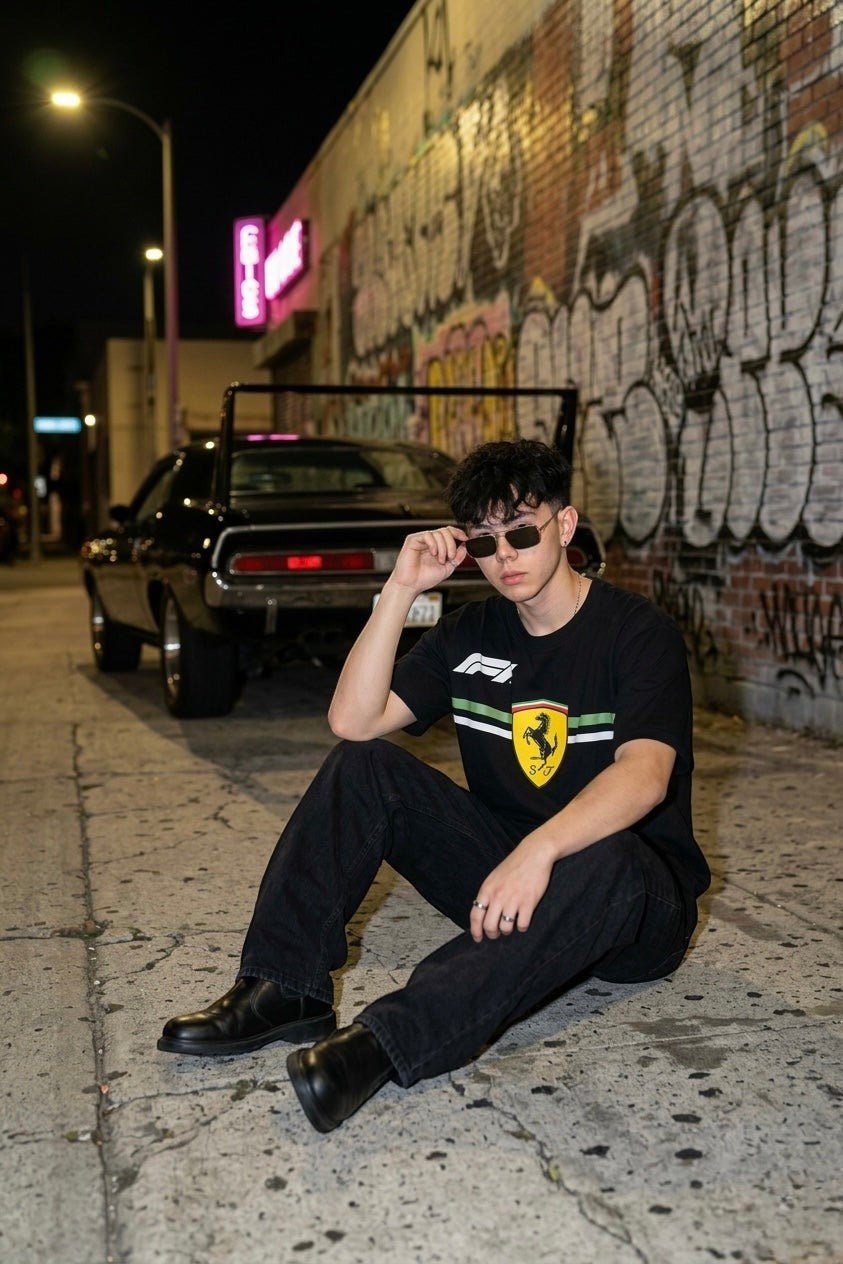 Koti Apparels black cotton Formula 1 Ferrari t-shirt with Prancing Horse logo and green/white stripe detail.