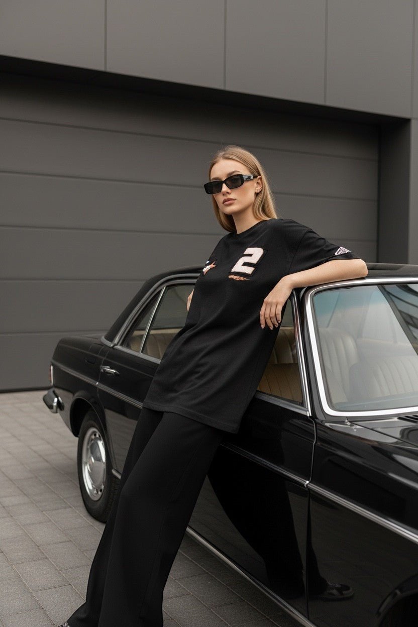Koti Apparels black oversized long sleeve cotton t-shirt with graphic print and number 2.