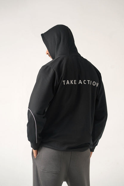 Koti Apparels black heavyweight cotton unisex hoodie with "TAKE ACTION" text on back and sleeve panel design.
