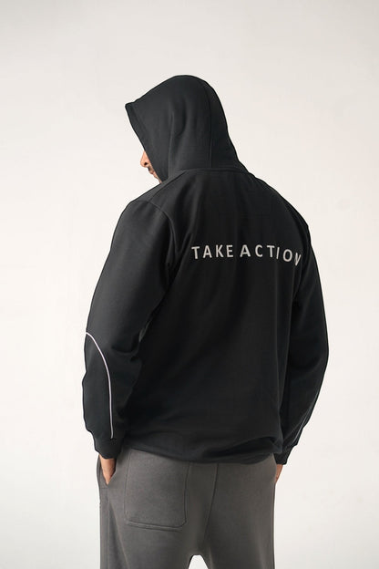 Koti Apparels black heavyweight cotton fleece unisex hoodie with "TAKE ACTION" text on back and matching grey trousers.