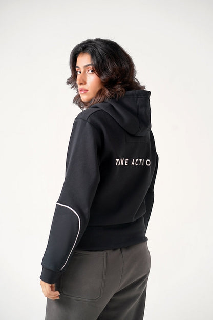 Koti Apparels black heavyweight cotton fleece unisex hoodie with "TAKE ACTION" text on back and matching grey trousers.