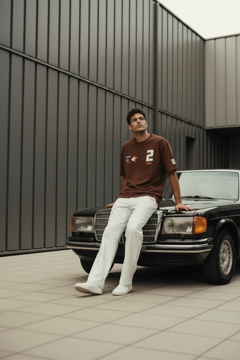 Koti Apparels brown cotton t-shirt with graphic patches and bold numbering, relaxed fit, worn by a man sitting on a vintage car.