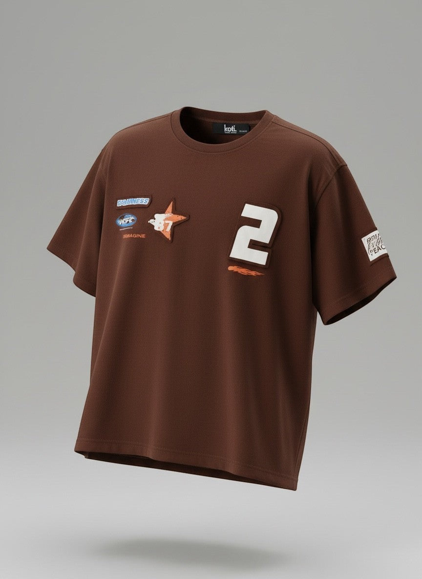 Koti Apparels brown cotton t-shirt with graphic patches and bold number 2, vintage racing style.