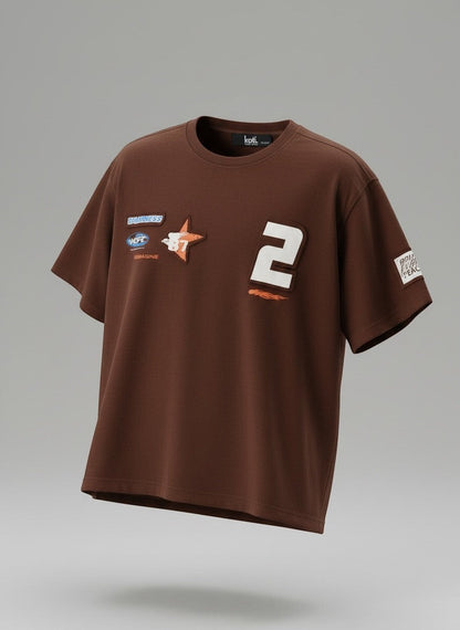 Koti Apparels brown cotton t-shirt with graphic patches and bold number 2, vintage racing style.
