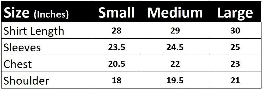 Koti Apparels size chart for Formula 1 Ferrari Racing Jacket, showing shirt length, sleeves, chest, and shoulder measurements in inches for Small, Medium, and Large sizes.