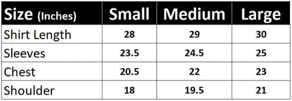 Koti Apparels size chart for Formula 1 Ferrari Racing Jacket, showing shirt length, sleeves, chest, and shoulder measurements in inches for Small, Medium, and Large sizes.