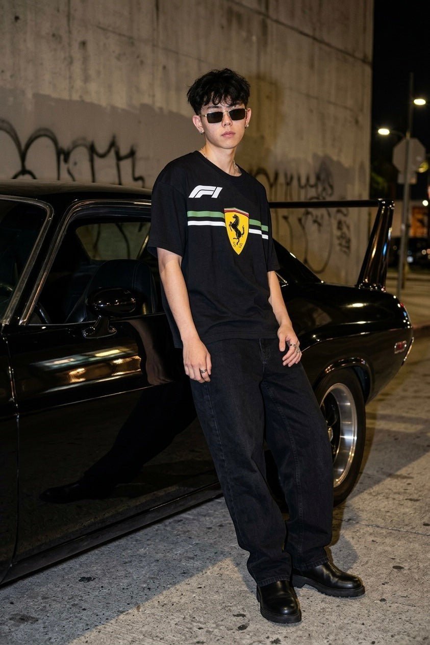 Koti Apparels black cotton t-shirt with Formula 1 Ferrari logo and green/white stripe detail.
