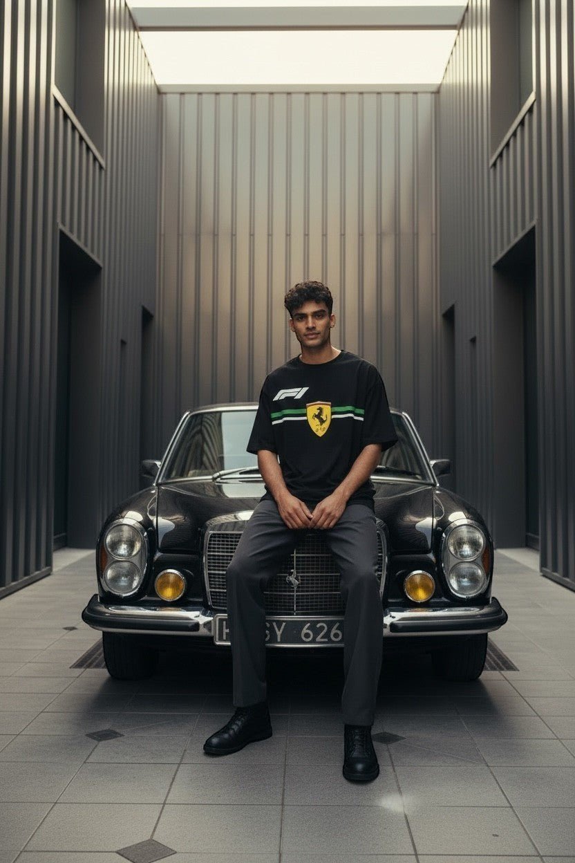 Koti Apparels black cotton Formula 1 t-shirt with Ferrari Prancing Horse logo and green/white stripe detail.