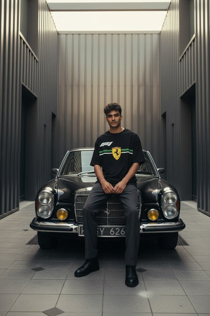 Koti Apparels black cotton Formula 1 t-shirt with Ferrari Prancing Horse logo and green/white stripe detail.
