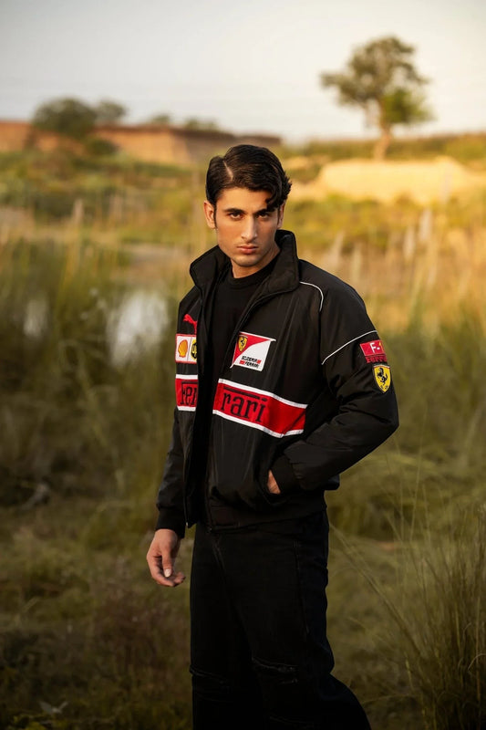 Koti Apparels black vintage Y2K Formula 1 racing jacket with red and white accents and embroidered logos.