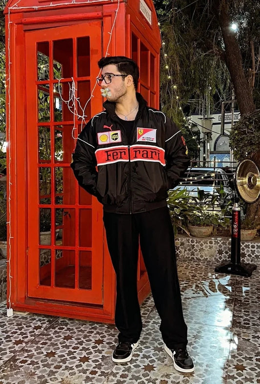 Koti Apparels black vintage Y2K Formula 1 racing jacket with red and white accents, featuring embroidered logos.