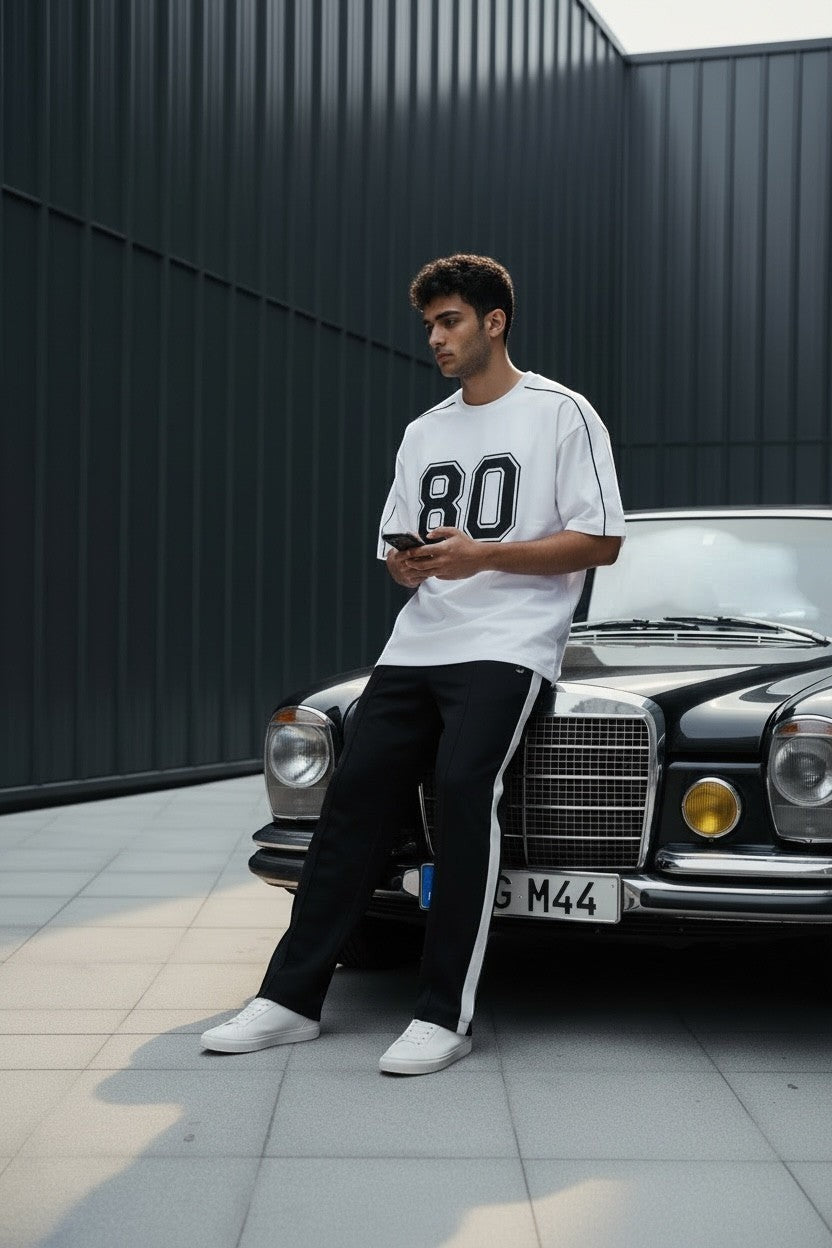 Koti Apparels white cotton blend t-shirt with black "80" graphic and black piping on seams.