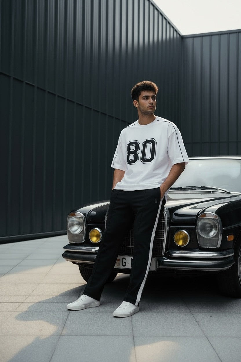 Koti Apparels white cotton blend t-shirt with black "80" graphic and black piping detail.