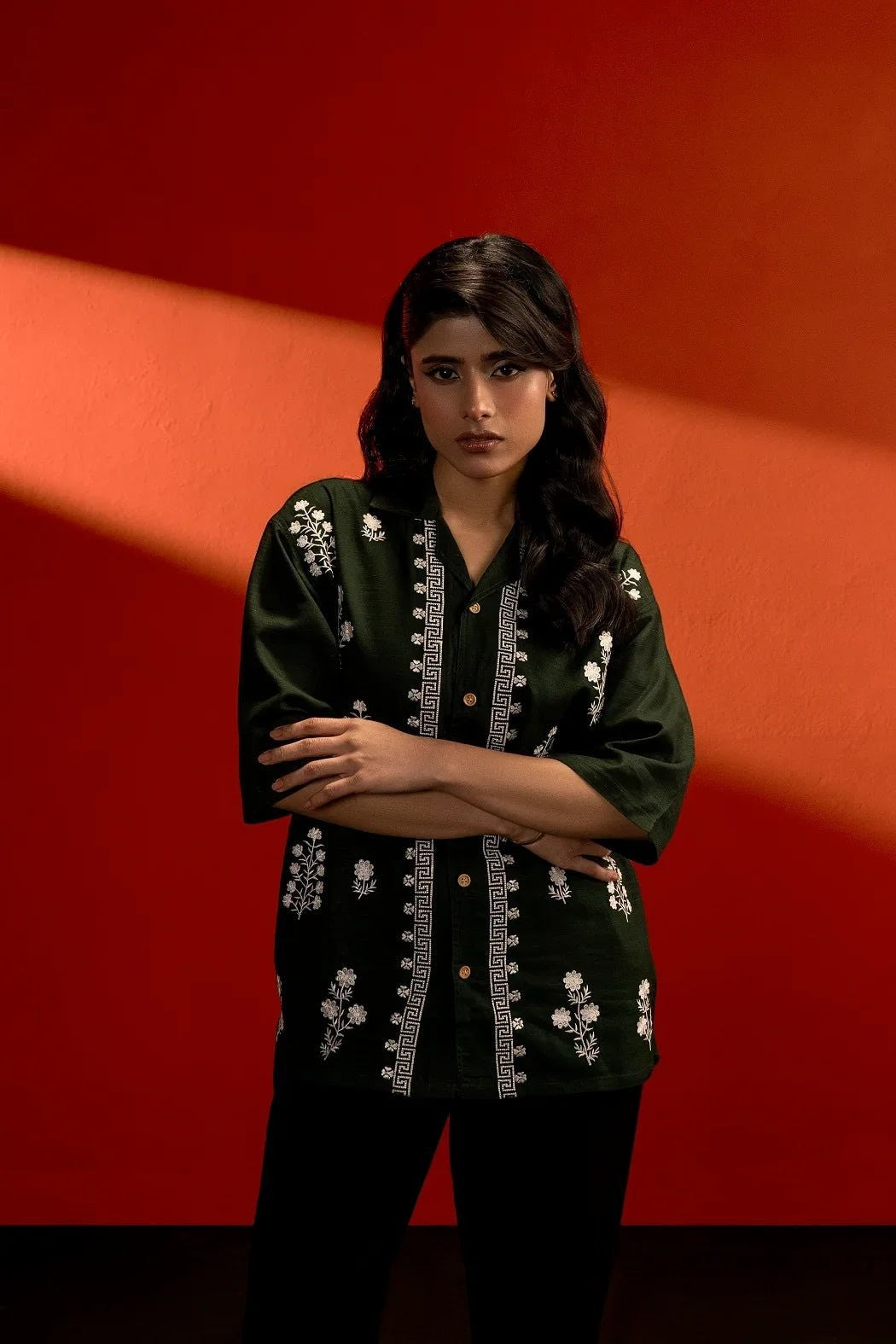 Koti Apparels green cotton jacquard shirt with white floral embroidery and quarter sleeves, unisex relaxed fit.