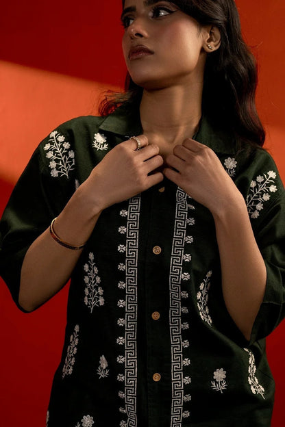 Koti Apparels unisex dark green cotton jacquard shirt with white floral embroidery and quarter sleeves.