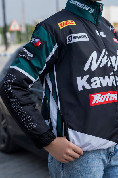 Koti Apparels Kawasaki racing jacket in black and green polyester with sponsor logos and zip-up front