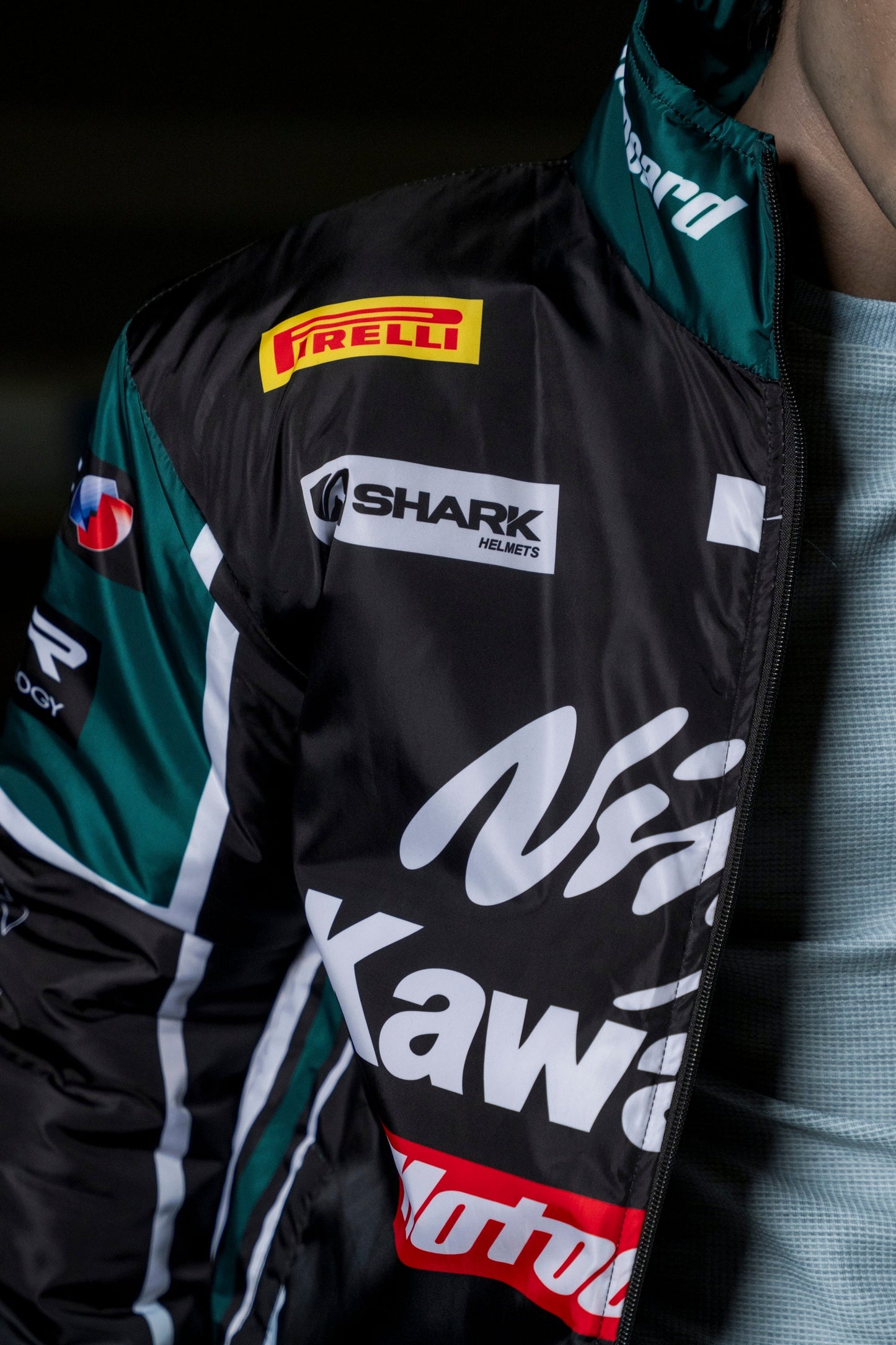 Koti Apparels Kawasaki racing jacket in black and green polyester with sponsor logos and zip-up front