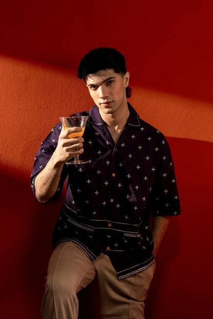 Koti Apparels unisex navy cotton jacquard shirt with white cross embroidery and half sleeves.