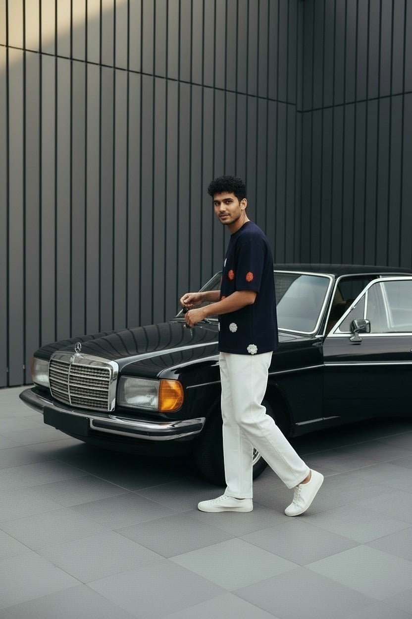 Koti Apparels navy blue short sleeve t-shirt with embroidered orange and white floral appliques, worn by a man standing next to a classic car.