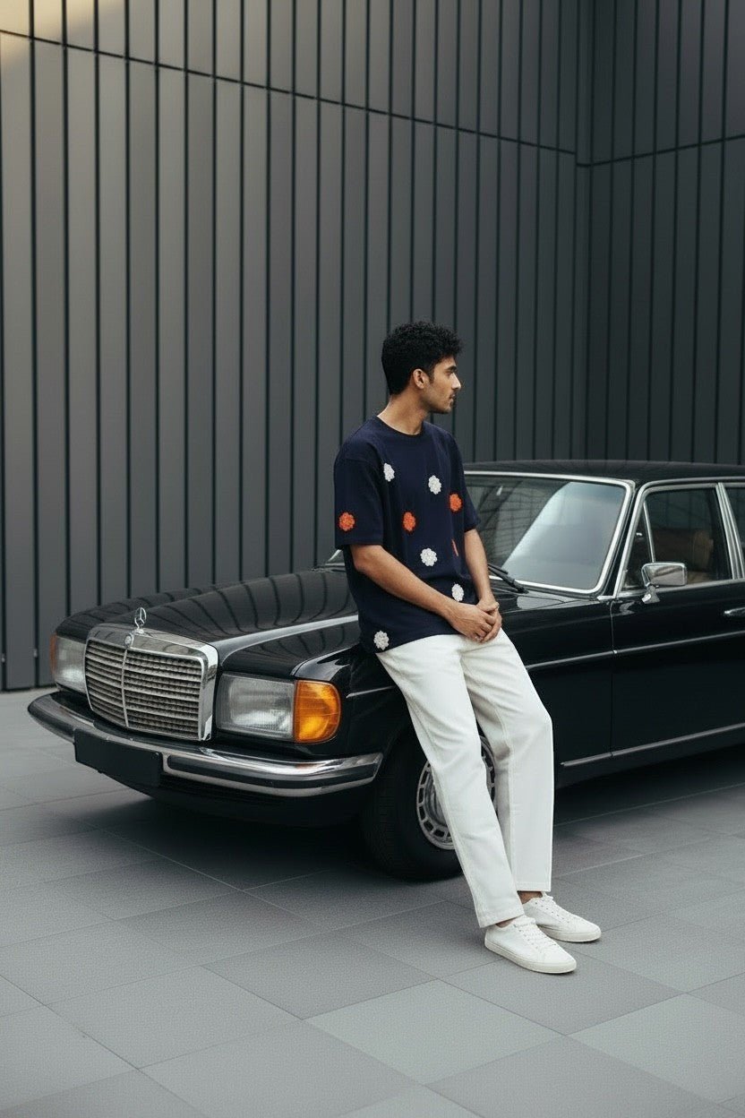 Koti Apparels navy blue short sleeve t-shirt with embroidered orange and white floral appliques, worn by a man leaning on a classic car.