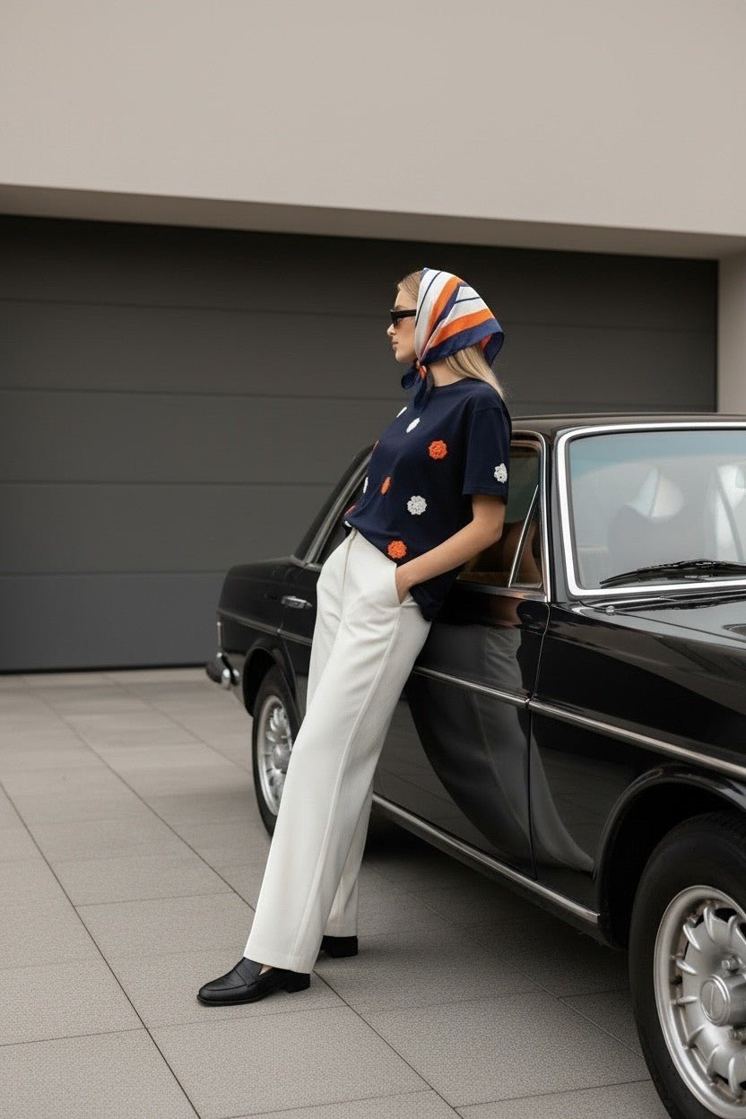 Koti Apparels navy blue t-shirt with embroidered orange and white floral appliques, short sleeves, crew neck.