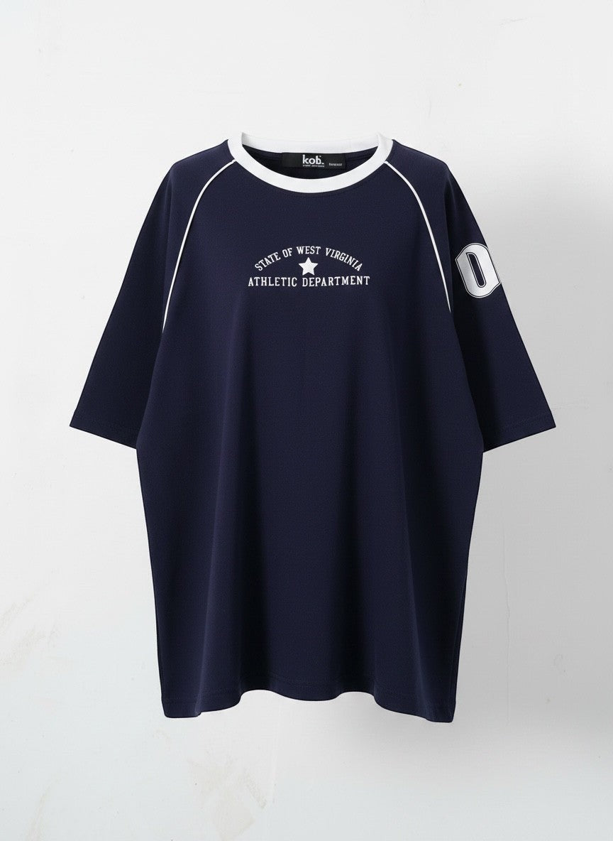 Koti Apparels navy blue cotton graphic t-shirt with white contrast piping on raglan sleeves and "09" graphic.