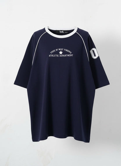 Koti Apparels navy blue cotton graphic t-shirt with white contrast piping on raglan sleeves and "09" graphic.