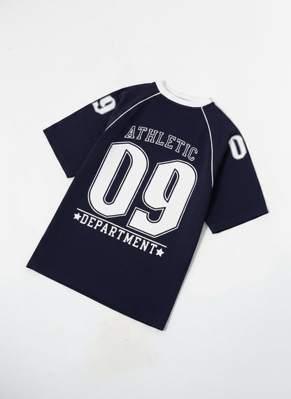 Koti Apparels navy blue cotton graphic t-shirt with white contrast piping on raglan sleeves and