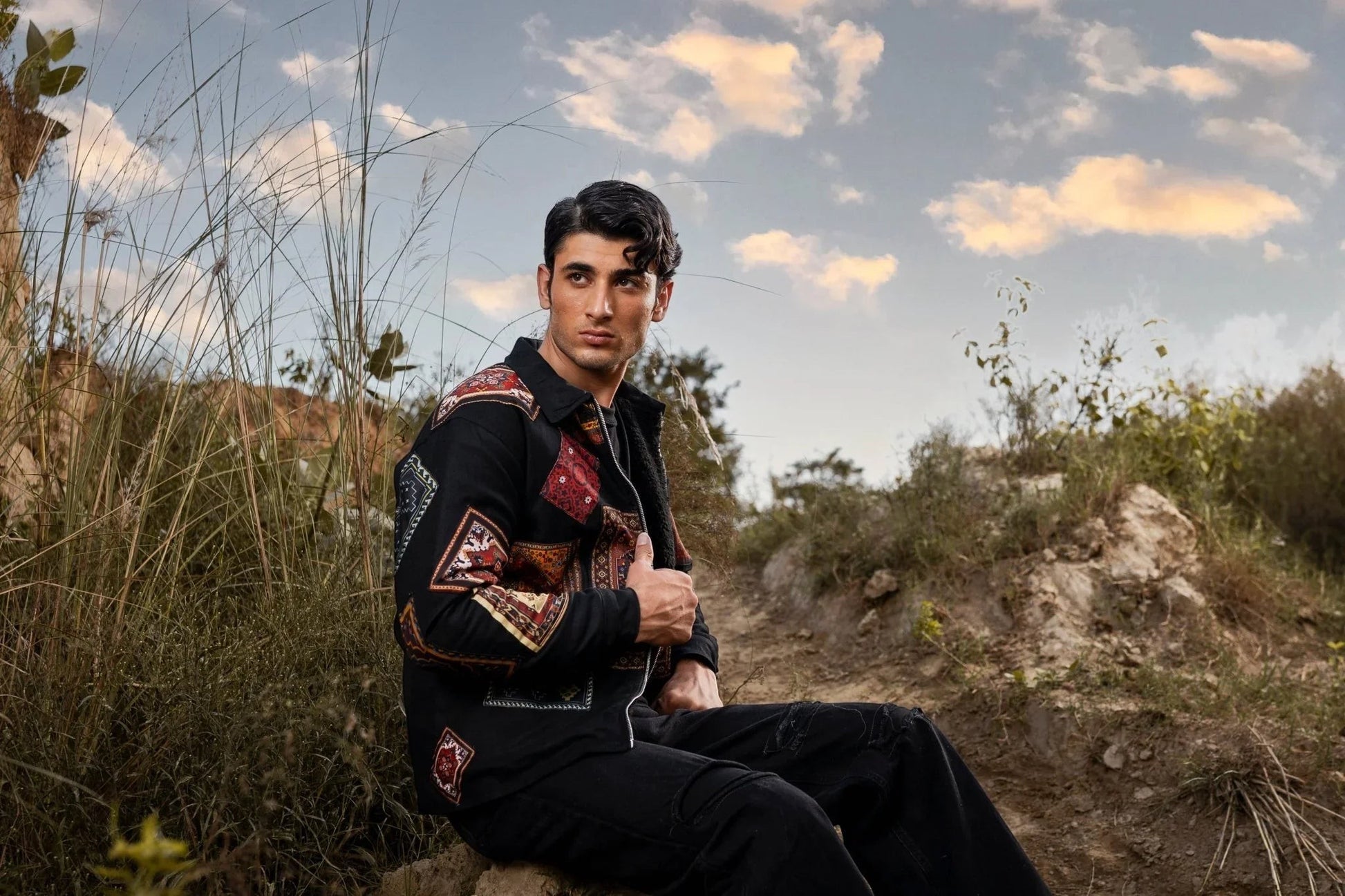 Koti Apparels men's black canvas jacket with multicolour patchwork panels, full zip, and side pockets.
