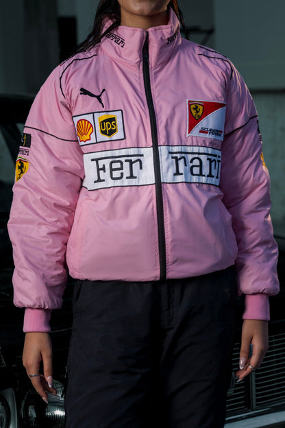 Koti Apparels pink Ferrari racing jacket featuring embroidered F1 sponsor logos and a high collar
