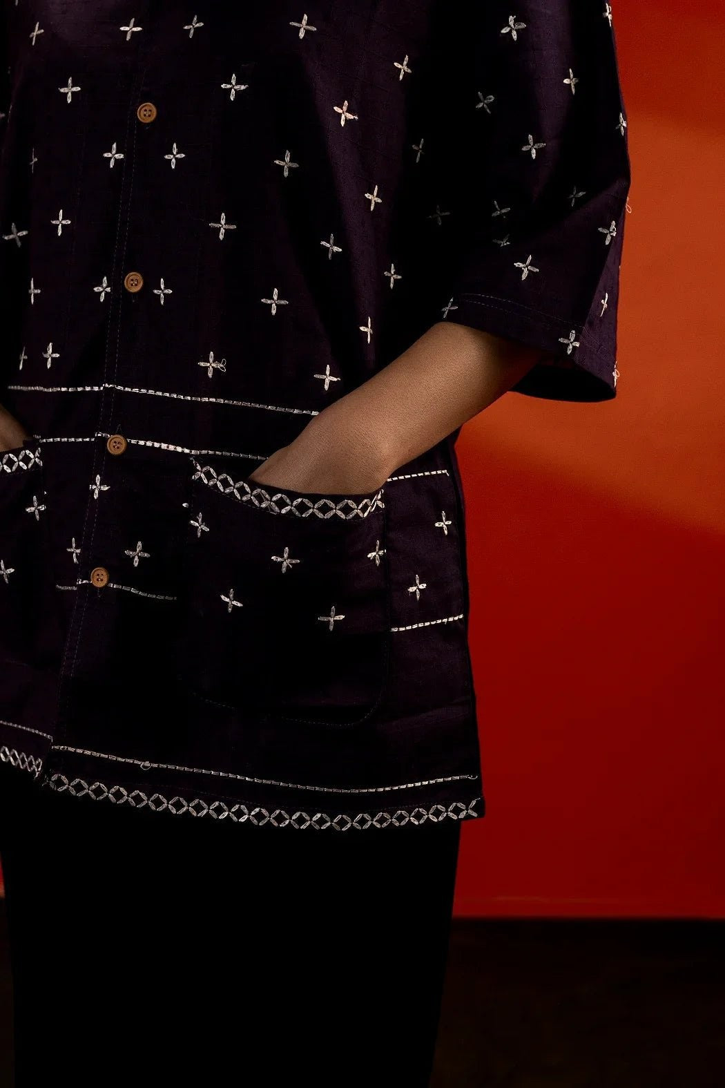 Koti Apparels unisex purple cotton jacquard shirt with white embroidery, half sleeves, and front pockets.