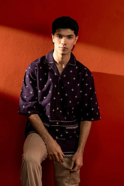 Koti Apparels unisex purple cotton jacquard shirt with white cross embroidery and half sleeves.