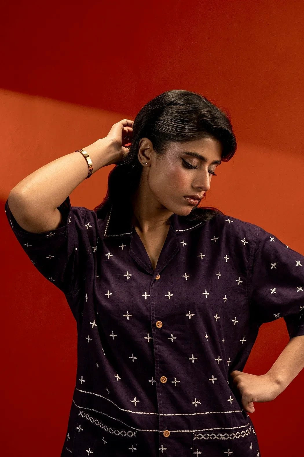 Koti Apparels purple cotton jacquard shirt with white embroidery, half sleeves, and a relaxed fit. Unisex design.