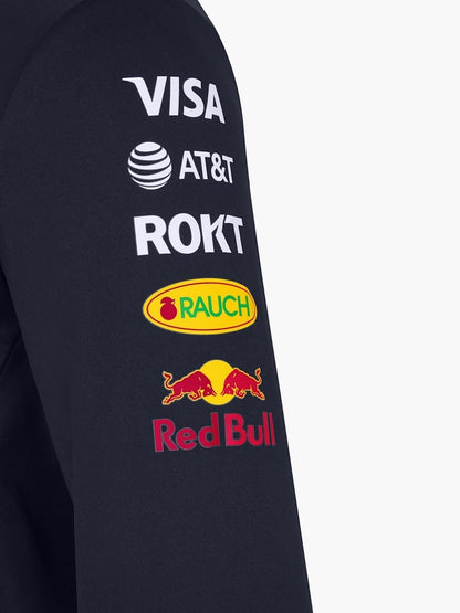 Koti Apparels navy blue polyester Formula 1 racing jacket with Red Bull and partner logos on sleeve.
