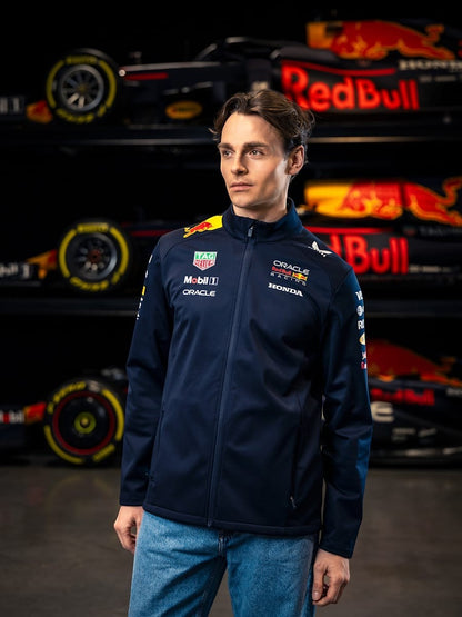 Koti Apparels navy blue polyester Formula 1 racing jacket with Red Bull and partner logos, full zip, zipped pockets, water-resistant.