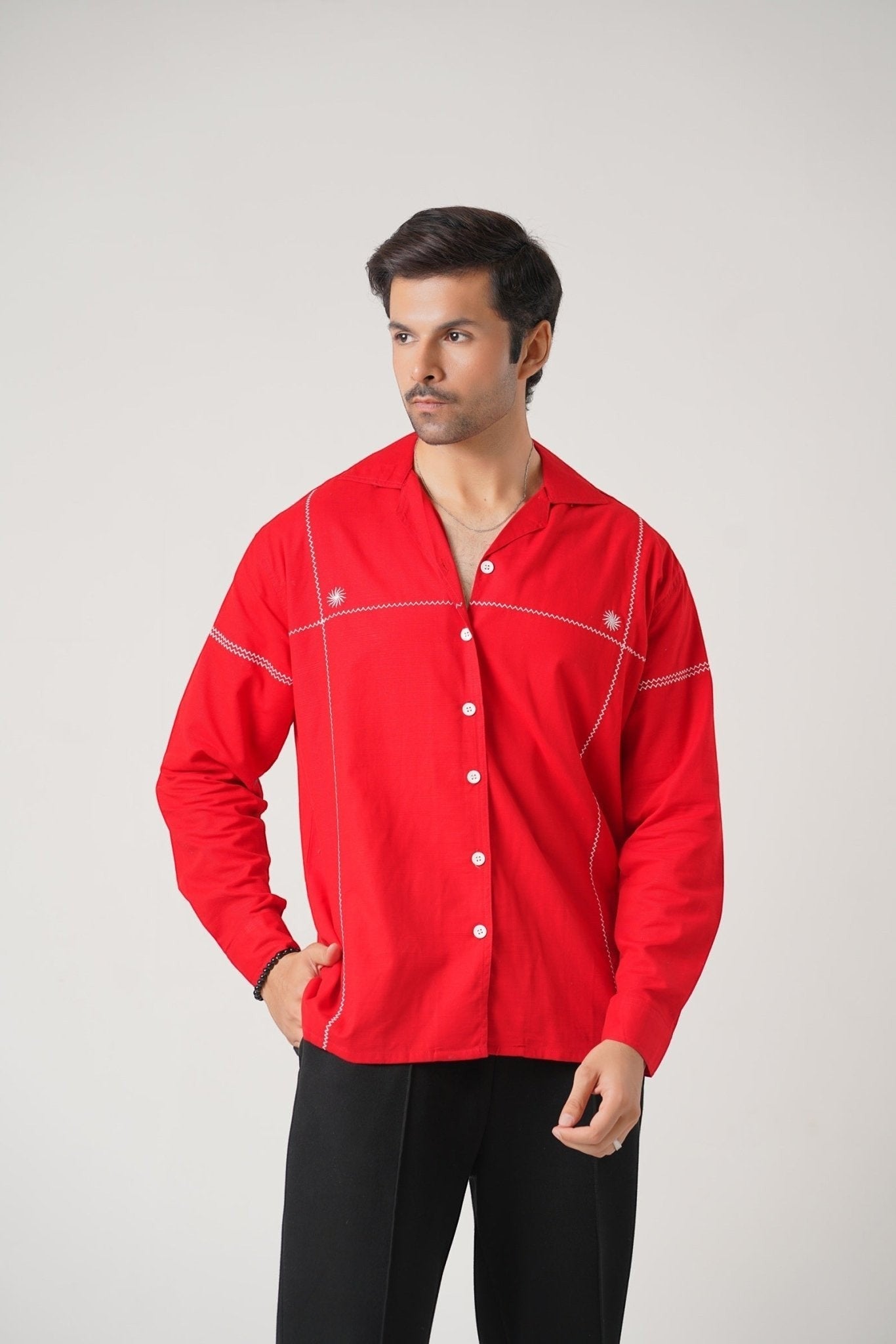 Koti Apparels red 100% pure dyed tube khaddar unisex shirt with white embroidery, open collar, button-down front, and structured cuffs.