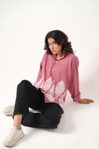 Koti Apparels rose pink unisex shirt with full sleeves and leaf embroidery on the hem. Relaxed fit, button-down front.