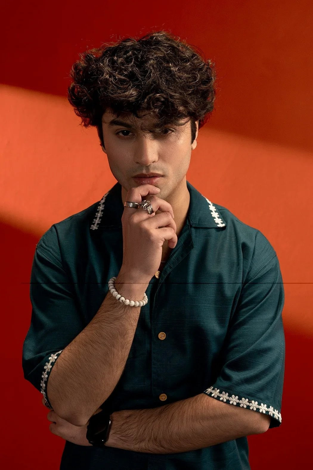 Koti Apparels sea green unisex cotton shirt with Koti embroidery on collar and cuffs, relaxed fit, quarter sleeves.