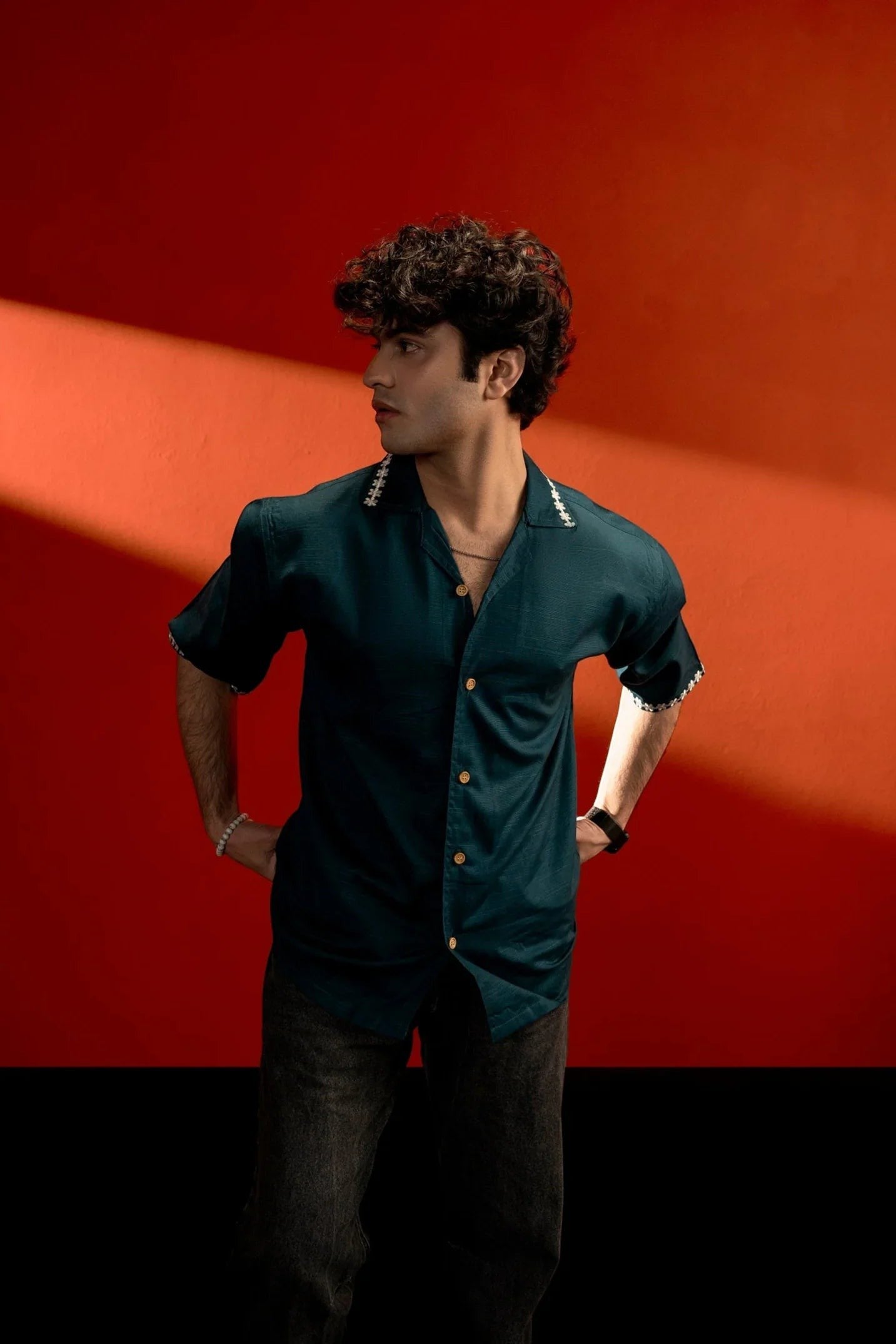 Koti Apparels sea green unisex cotton shirt with Koti embroidery on collar and sleeves, relaxed fit, quarter sleeves.